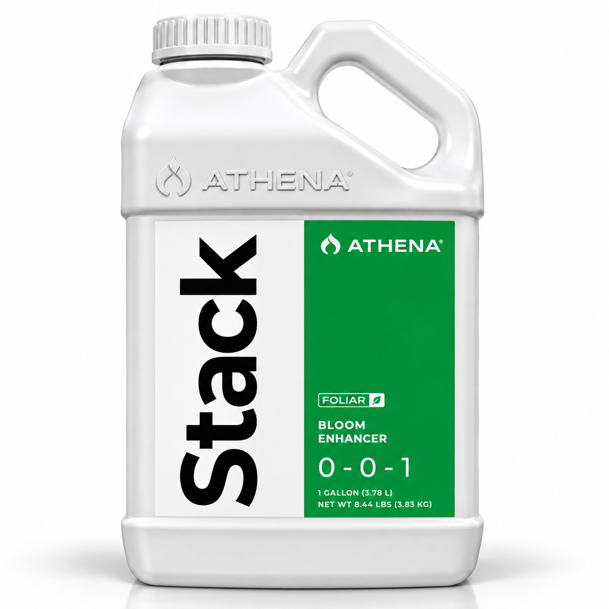 A white plastic 1 gallon jug of Athena Stack 0-0-1 Bloom Enhancer with a prominent green label and black text, set against a plain white background.